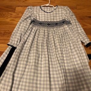 Gray and white checked with navy smocking dress